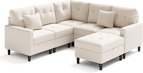 Miniatura 10 de Giantex Sofá modular modular, sofá extragrande en forma de L con otomana móvil, tela de lino sintético, 2 almohadas extraíbles incluidas, sofá