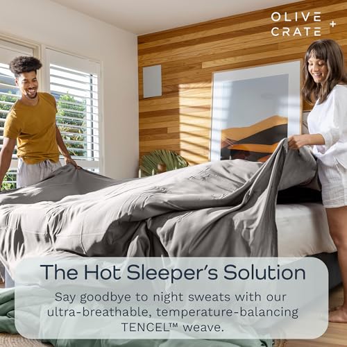 Image of Olive + Crate Tencel Lyocell Eucalyptus Twin XL Sheets - Extra Long Sheet Set - Cooling Tencel Sheets for Hot Sleepers with 16 Inch Deep Pocket Fit - Stone Gray 3-Piece Set
