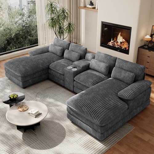132.5" U Shaped Corduroy Cloud Couch with Console, 2 Chaise, USB & Cup Holders, Dark Grey