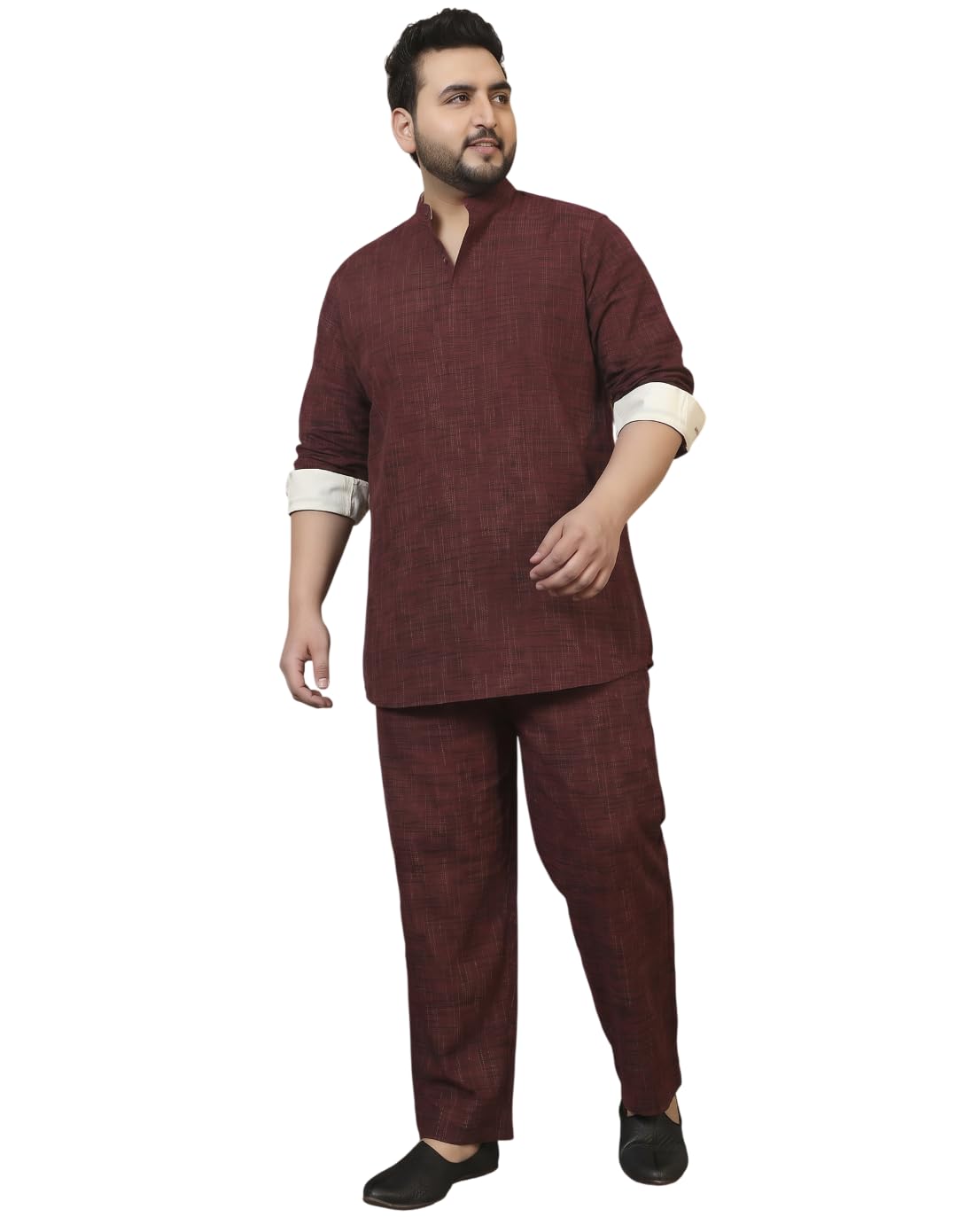 Textured Pleated Plus Size Cotton Kurta With Ankle Length Pant Cord Set|Mens Kurta Pant Set|Mandarin Collar|Full Sleeve|Co ords for Men Fashion|Beach Wear|Two Piece (Maroon)-image-4