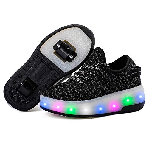 YADLCR Unisex Kids LED Licht Skateboardschuhe Kinderschuhe mit Rollen Skateschuhe Sport Skateboarding Doppelräder Leuchtende Gymnastik Sneaker (Color : Black, Size : 33EU) Cover