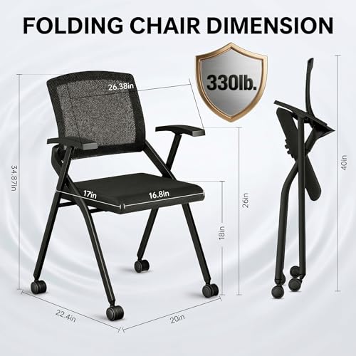 Image of [4 Pack] Folding Office Chair on Wheels, Heavy Duty Conference Chair | Nesting Training Chairs, Breathable Mesh Back, Lumbar Support, Padded Seat, Classroom, Guest Reception, WFH, Meeting Seating