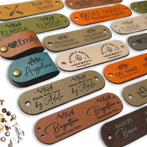 Customized 2.75 x 0.75 inches Faux Leather Product Tags with Rivets, Personalized Tags for Knitting Crochet, Cute Labels Handmade Perfect for Hats Beanies Scarves & More, Labels for Knits