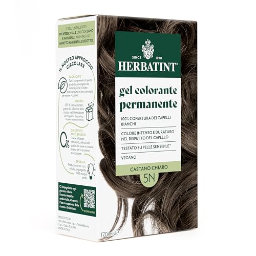 Herbatint Permanente Haarfarbe Gel 5N Hellbraun - 170 ml | Ammoniakfrei, 100% Abdeckung für weißes Haar | für empfindliche Haut, mit 8 natürlichen Bio-Extrakten