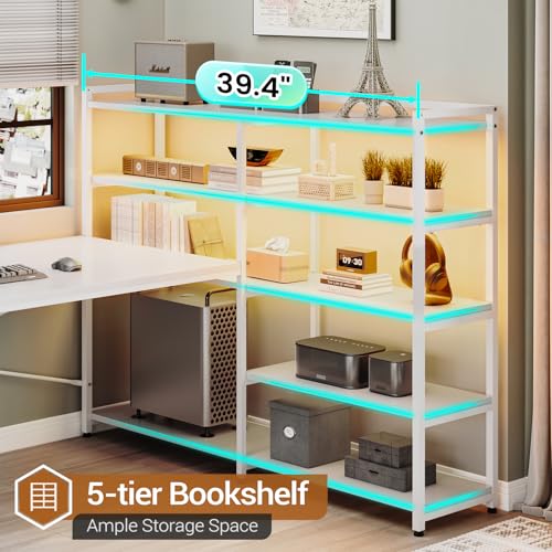 SEDETA 64.5 Reversible White Computer Desk with Drawers, Power Outlet, LED Strip, and Storage Bookshelf