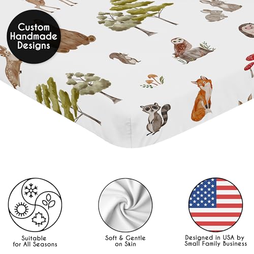 Image of Sweet Jojo Designs Baby Fitted Mini Crib Sheet (Woodland Animals) for Girls or Boys, Newborn /Infant Nursery, Play Yards, Portable Cribs (Gender Neutral, Forest Animal Friends, Bear, Deer, Watercolor)