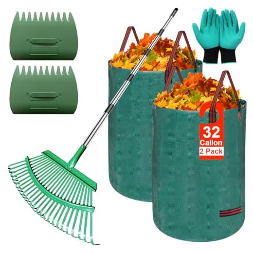 Adjustable Metal Leaf Rake Set – 25 Tines, 38-73" Handle, 19" Wide with 2 Pack 32-Gallon Leaf Bags & Scoops – Heavy Duty Garden Rake for Lawns, Shrubs, Grass, Flower Beds & Outdoor Use