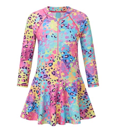 Image of Aisyee Girls One Piece Swimsuits Swim Dress for Girls Long Sleeve Rash Guard Bathing Suits Hawaiian Skirt Swimwear 3-16 Years