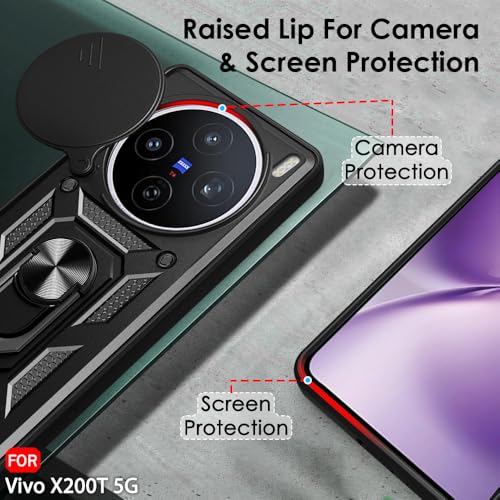 Image of TheGiftKart Tough Armor Bumper Back Cover Case for Vivo X200T 5G | Kickstand & Ring Holder | 360 Degree Protection Back Cover Case for Vivo X200T 5G (PC & TPU, Rotating Camera Cover, Black)