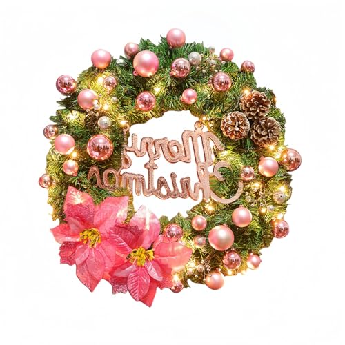 クリスマスリース LEDライト付き 40cm | 壁掛け花輪・ポインセチア&松ぼっくり飾り | 暖かい白色LEDで輝く装飾用花輪 | 玄関・ドア・庭・お祝いのデコレーションに最適 (ピンク)