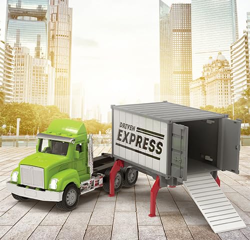 Driven Micro LKW 19 cm mit abnehmbarem Container, Lichtern und Tönen – Laster Spielzeugauto mit Geräuschen, Funktionen – Spielzeug Auto ab 3 Jahren, grün