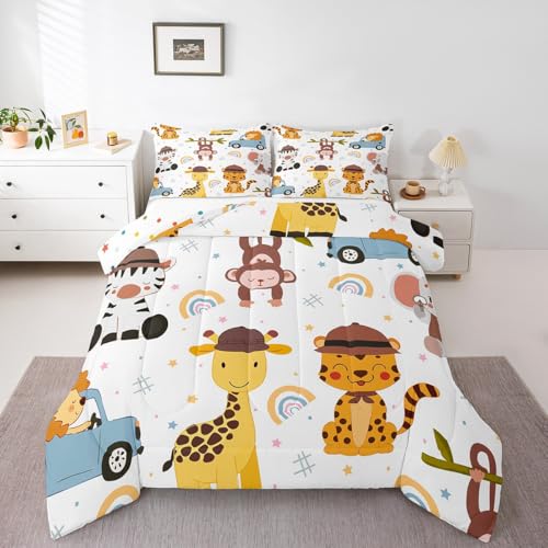 Image of Feelyou Rainbow Giraffe Comforter for Kids Full Size Tiger Monkey Comforter Set Boys Girls Cartoon Rainbow Comforter Kawaii Duvet Insert Bed Set 3Pcs