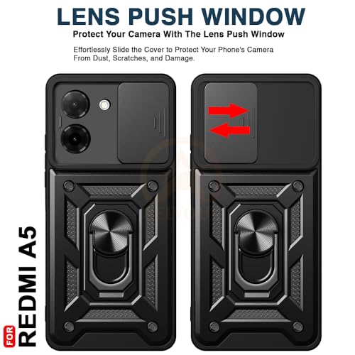 Image of Armor Bumper Back Cover Case for Poco C71 / Redmi A5 Rotating Camera Cover, Ring Holder & Kickstand | Heavy Duty & 360 Degree Protection Poco C71 / Redmi A5 Back Cover (Black)