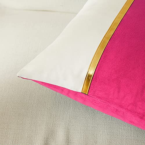 Image of Fancy Homi 2 Packs Hot Pink Decorative Throw Pillow Covers 20x20 Inch for Living Room Couch Bed Sofa, Fuschia and White Velvet Patchwork with Gold Leather, Luxury Home Decor Square Cushion 50x50 cm