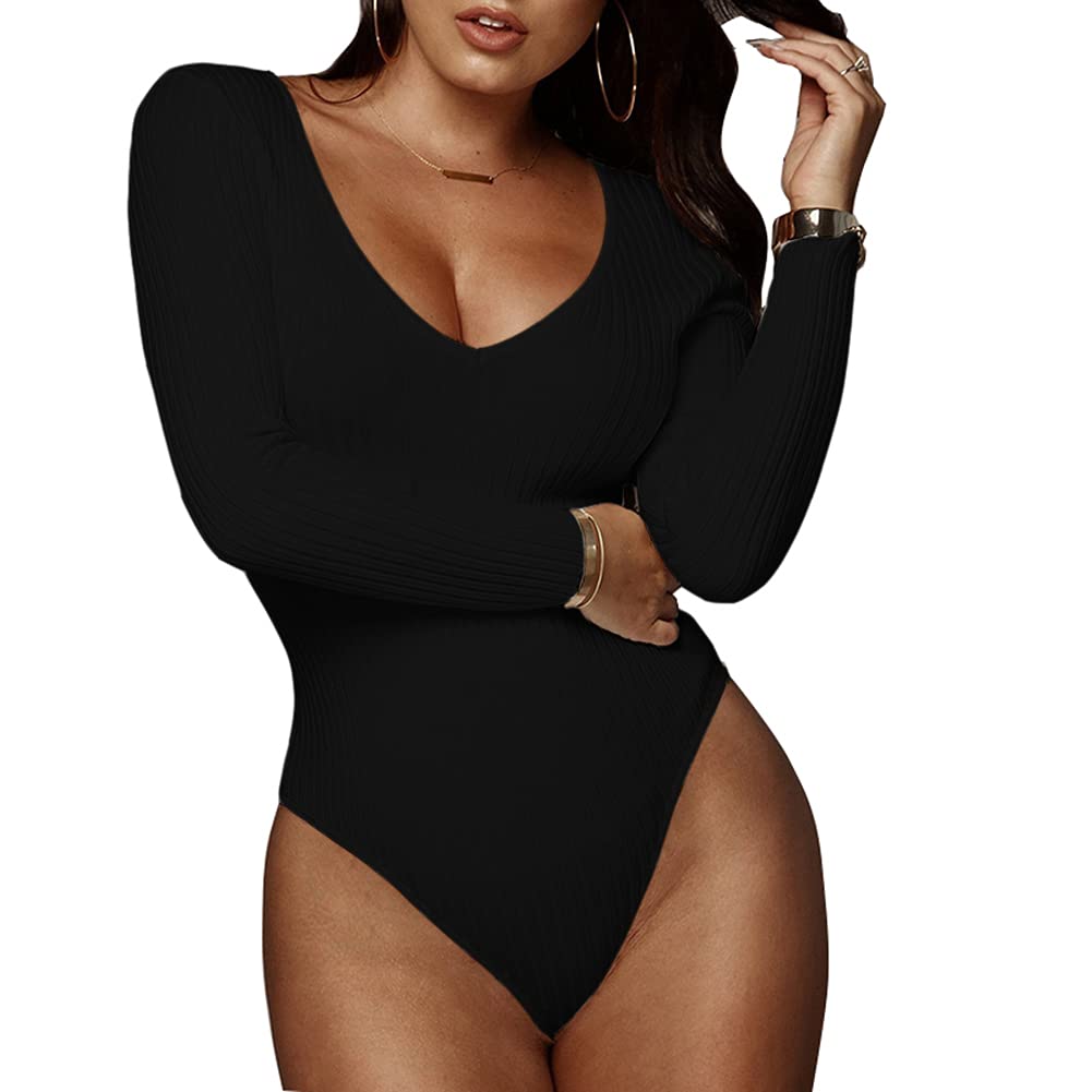 Women's Basic Long Sleeve Deep V Neck Ribbed Knit Bodysuit-image-40