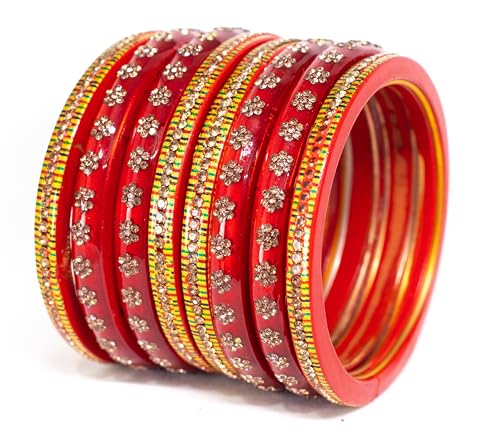 Image of Swara Creations Lah /Lac bangles red color Set, LAHTHI Churi Kundan work for Women and Girls(8 pcs)