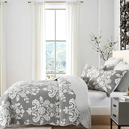 Quilt King Size, Gray King Quilt Set 100% Cotton Bedspreads Lightweight Soft Quilted Reversible Bedding Set Farmhouse Damask Paisley Floral Comforter Coverlet,All Season Grey/Gray White 3-Piece #TOP3
