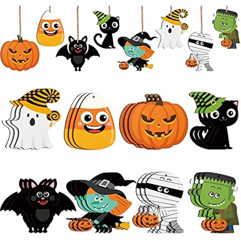 24 Pcs Halloween Tree Ornaments Halloween Wood Hanging Ornaments Pumpkin Ghost Bats Witch Hat Halloween Ornaments for Tree Halloween Wooden Props Halloween Party Decoration with Rope (Funny Style) Cover