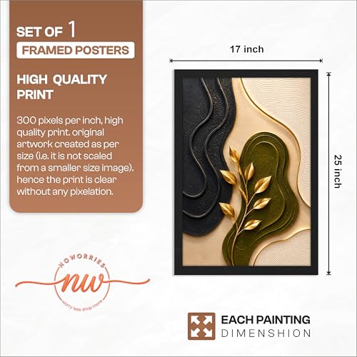 Image of NoWorries 3D Abstract Botanical Wall Painting with Frame Set of 1 | Premium Textured Gold Leaf Artwork, Modern Black Green Beige Nature Wall Decor for Living Room, Bedroom, Office and Home Decoration (3d Art-19,17x25inch)