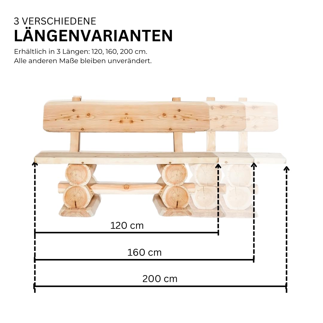 Mega Holz Gartenbank Rustikal Lärche 200 cm - Massivholz Bank aus heimischer Lärche - Fertig montierte Sitzbank für Terrasse, Garten & Balkon mit Rückenlehne - Für 3 Personen, wetterfest & robust