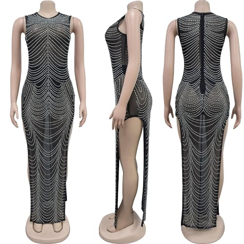 Image of Jigfar Women's Sexy Elegant Rhinestone Embellished Velvet Party Club Night Bodycon Formal Evening Maxi Dress
