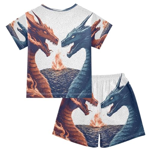 ALAZA Dragon Red Blue Pajamas Set Short Sleeve Cotton Sleepwear Summer Pjs 2 Piece 5-14Y2