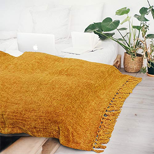 Pavilia Chenille Blanket, Soft Throw Blanket For Couch Sofa Bed, Knit Chenille Throw Blanket For Chair Living Room Decor, Woven Knitted Decorative Blanket With Tassels Fringe, Mustard Yellow 50X60In #TOP4