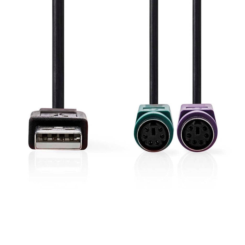 NEDIS Cable 2 en 1, USB 2.0, conector USB-​A, 2 conectores PS/​2, 480 Mbps, 0,​30 m, niquelado, redondo, PVC, bolsa de plástico