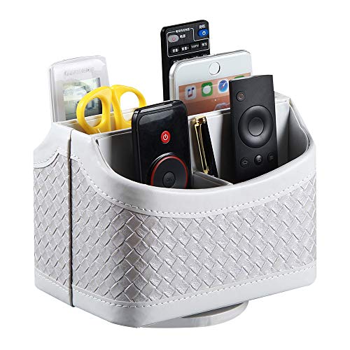 Leather Remote Control Holder, 360 Degree Spinning Desk TV Remote Caddy/Box,Bedside Table Organizer for Controller, Media, Mail, Calculator, Mobile Phone and Pen Storage (White Weave)