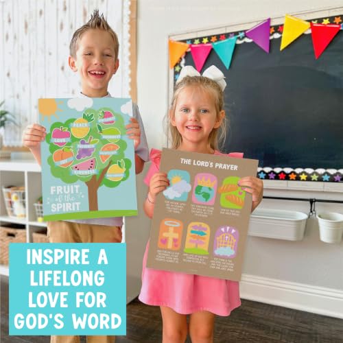 Image of Hadley Designs Sunday School Decorations for Classroom -9 Bible Posters for Kids, Books of the Bible, 10 Commandments, Bible Timeline Chart, Fruits of the Spirit, Kraft Christian Classroom Decor