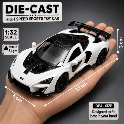 Image of GRAPHENE 1:32 Scale Metal Diecast Pull Back Sports Toy Car High Speed Premium Realistic Model Car Friction Powered Miniature Racing Openable Doors Light Sound Best Gift Boys Girls for 2+(White)
