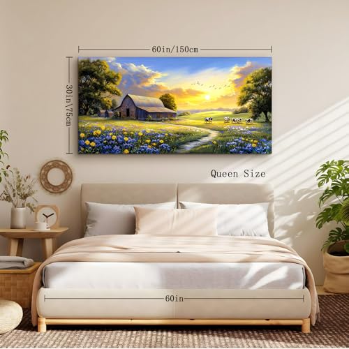 crmotu Farmhouse Wall Art, Landscape Wall Art, Large Wall Decor, Spring Nature Painting Canvas Prints, Rustic Sunset Oversized Artwork, Country Pictures for Living Room Dining Room Cottage Farm 30X60 In