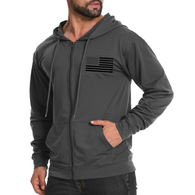 H HYFOL Men's Lightweight Full-Zip USA Flag Graphic Long Sleeve Hoodie American Patriotic Casual Sweatshirt