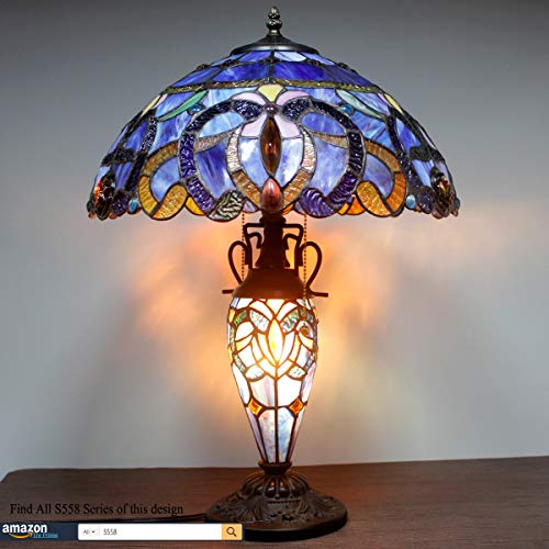Werfactory Tiffany Style Table Lamp Blue Purple Cloudy Stained Glass Mother-Daughter Vase Lamp 16X16X24 Inches Desk Reading Light Decor Bedroom Living Room Home Office S558 Series #TOP5