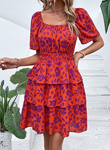 Image of PRETTYGARDEN Women's Summer Floral Ruffle Short Dress | Short Sleeve Square Neck, Flowy Tiered Hem, Fit and Flare, Flower Boho Dresses, Cute Beach Vacation Outfits, Fashion Clothing