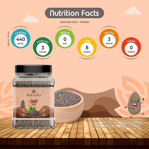 Image of Auravita Premium Chia Seeds 500 Gram | Rich in Calcium, Protein & Fibre | 100% Clean Chia Seeds for Eating | Antioxidant Rich Superfood for Smoothies, Salads & Baking