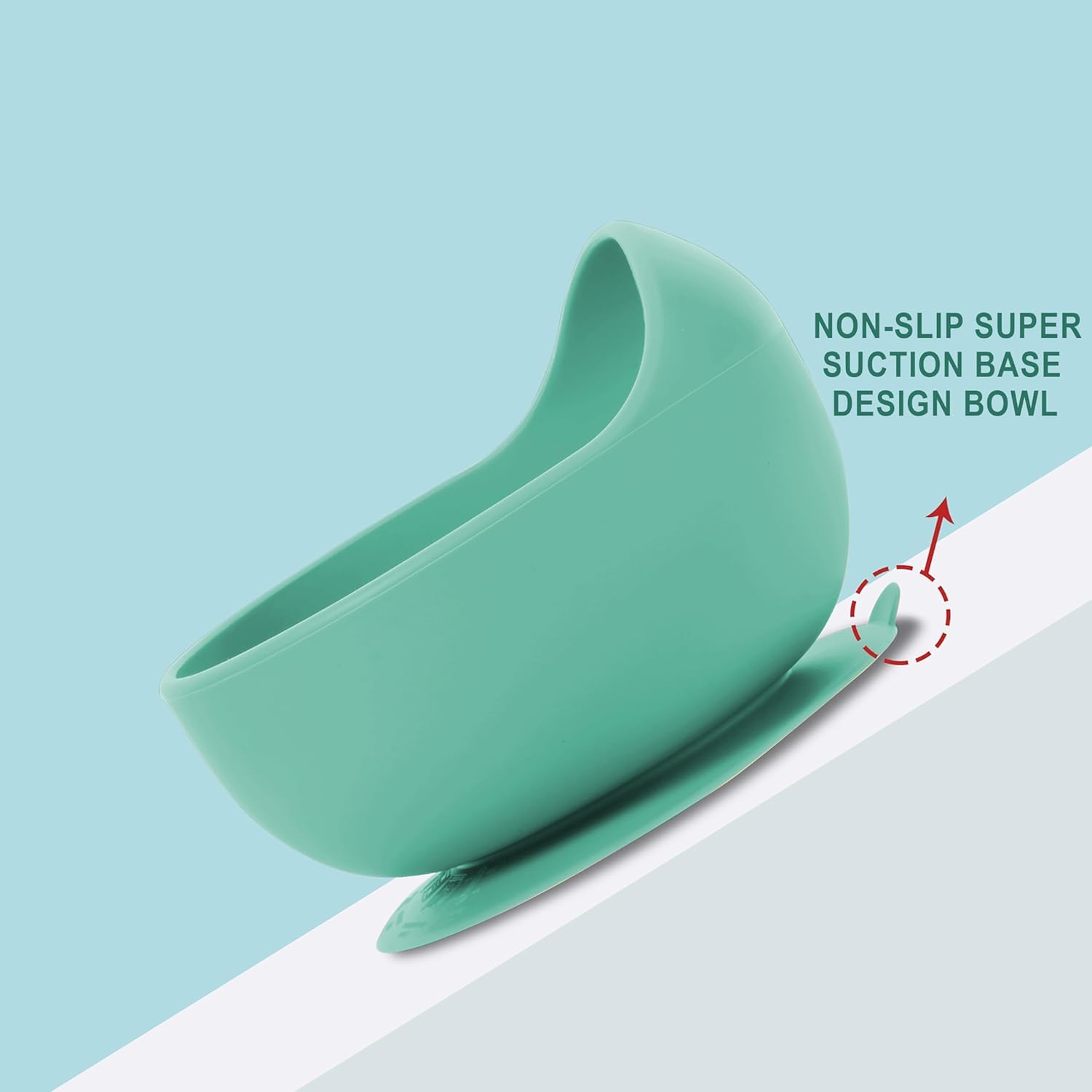 Xacton Baby Feeding Curved Dish   & Wood Solid Handle Spoon I Silicone Unbreakable Non-Slip Suction Base Design I BPA Free, Dishwasher, Freezer & Microwave Safe I Feeding Kit for Infants & Toddler (Cyan) - Image 4 thumbnail