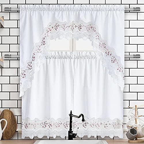 White Cafe Curtains for Kitchen Bathroom 36 inches Length Curtains with Valance Embroidered Lace Border Cotton Blend Rod Pocket Light Filtering Window Treatment Swags Tier Set of 3 Panels