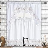 White Cafe Curtains for Kitchen Bathroom 36 inches Length Curtains with Valance Embroidered Lace...