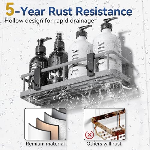 YASONIC Shower Caddy Adhesive, No Drill Bathroom Shower Organizers, with Removable Hooks, Rust Proof Shower Shelves, Wall-Mounted Shower Holder, Grey, 2 Pack - Image 4