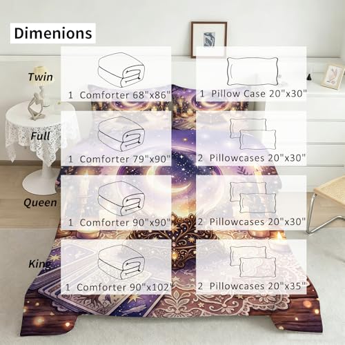 Image of Mystical Crystal Ball Bedding Set King Size, 3 Piece Soft Microfiber Comforter Set with Tarot and Moon Print, Includes 1 Comforter 2 Pillowcases for Witchy Bedroom Decor