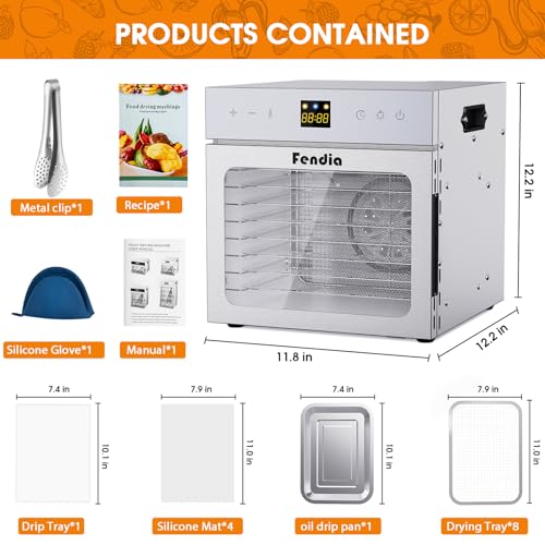 Dehydrators for Jerky, 8 Stainless Steel Trays, 600W Fruit Dehydrator, 24H Timer and 190°F Temperature Control, Overheat Protection, Food Dryer for Jerky, Herbs, Fruit, Dog Treats