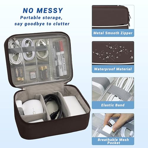 Image of Electronics Organizer,Travel Cord Organizer Pouch,Cable Organizer Bags | Waterproof Electronic Accessories Storage Case for Cables, Cords, Charger, Phone (Double Layer-Brown)