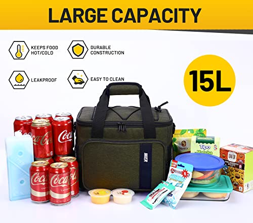 Mier Mens Lunchbox For Work Insulated 24 Cans/15L Large Lunch Bags Leakproof Adult Women Lunch Box Coolers For Travel Beach Picnic Office, Dark Green #TOP4