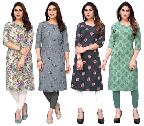 Image of JAKHANA Women's Crepe Printed Casual Straight Calf Length Round Nick Kurta Pack of 4