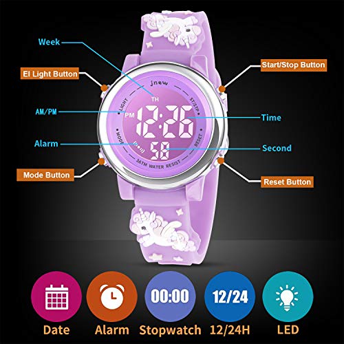 Kids Watch 3D Cartoon Toddler Wrist Digital Watch Waterproof 7 Color Lights with Alarm Stopwatch for 3-10 Year Boys Girls Little Child (Unicorn L-Purple) 5