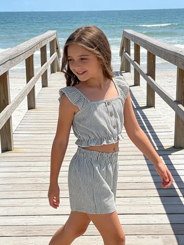 Image of Girl's Summer Clothing Sets Knit Ruffle Striped T-Shirt and Shorts 2 Piece Outfits