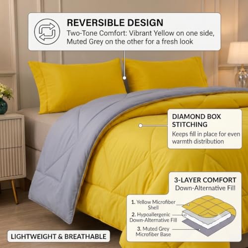 Image of 220 GSM Comforter Set Double Bed | Microfiber Reversible AC Blanket Duvet Quilt for Double Bed King Size for Summer (Yellow & Silver)
