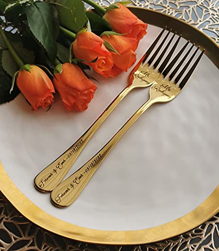 Personalized silverware set for bride and groom, Gold Mr Mrs forks for wedding cake...