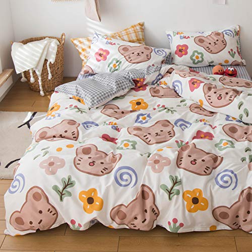LAYENJOY Bear Duvet Cover Set Queen 100% Cotton Cartoon Bear Flower Print on White Bedding 1 Animal Forest Comforter Cover Full with Zipper Ties 2 Pillowcases for Kids Teens Boys Girls Women